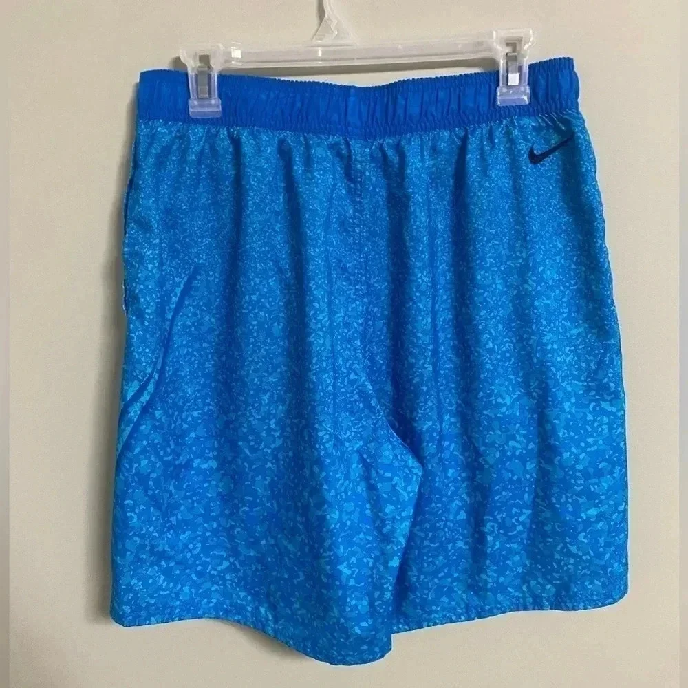 Nike Men's Blue Pull On Swim Trunk Board Shorts Unlined Logo Print Shorts Large
